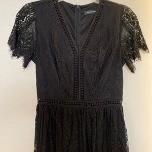 MEROKEETY Long Black Lace Short Sleeve Dress